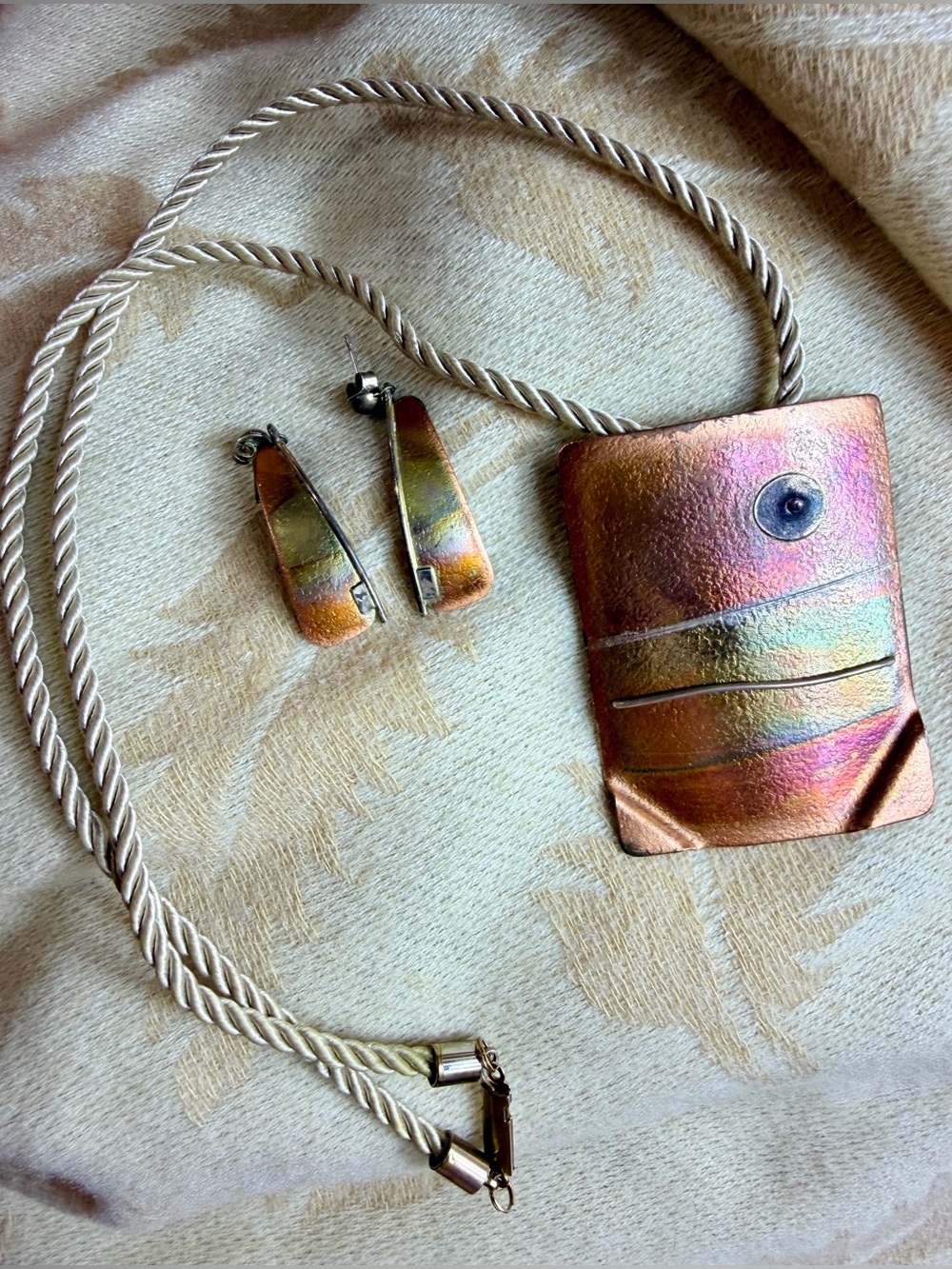 Artisan Iridescent Copper Tone Pendant Necklace (or broach) and Earrings Set